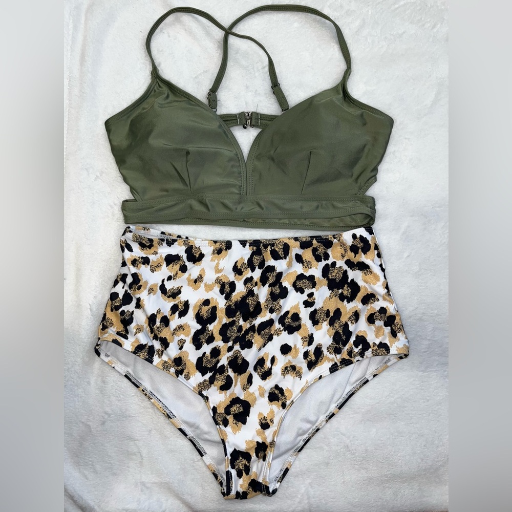 Green and Leopard Print Bikini Set